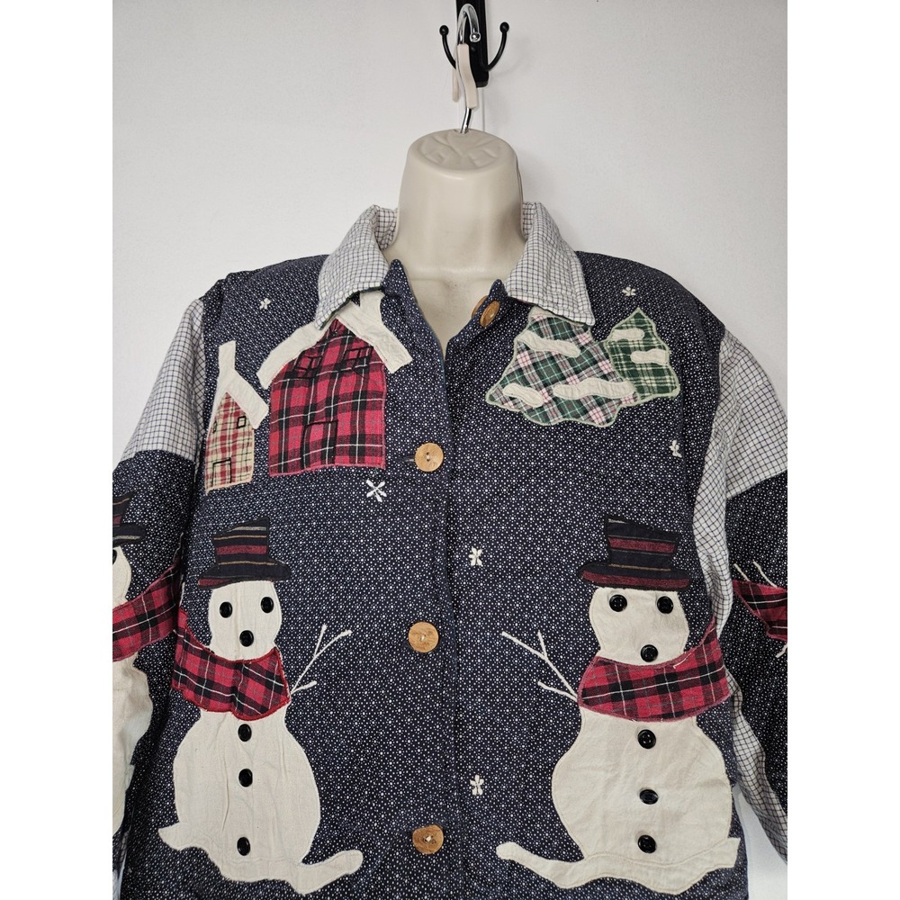 Vintage Patch Magic SZ S Handmade Quilted Reversible Jacket Snowman Houses Artsy - Picture 4 of 10